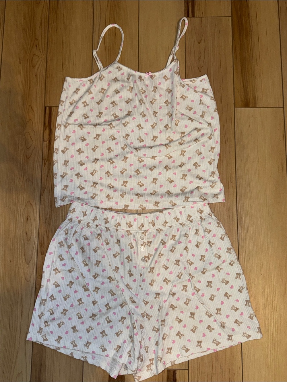 White Pink Heart Teddy Bear Print Pajama Short Set Size Large